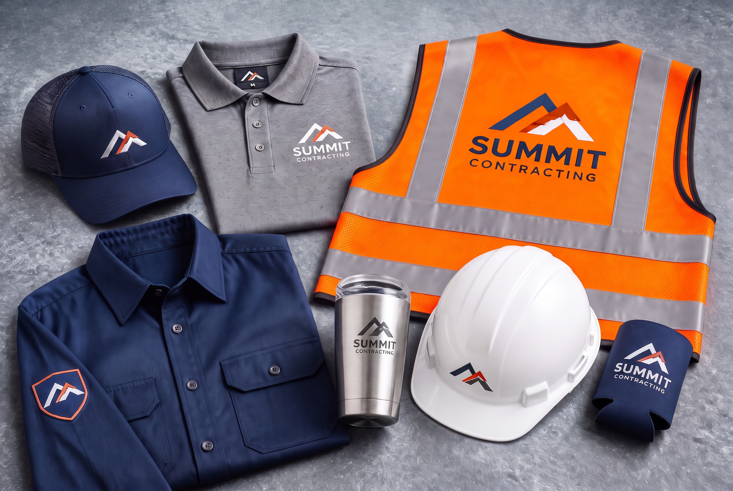 Custom hats, shirts, drinkware, and safety gear printed with company logos